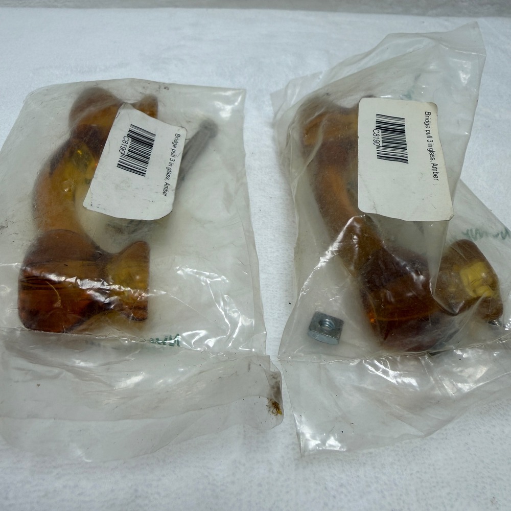 New In Pkg Set of 2 Amber Glass Bridge Pull 3" Cabinet Drawer Handle Hardware